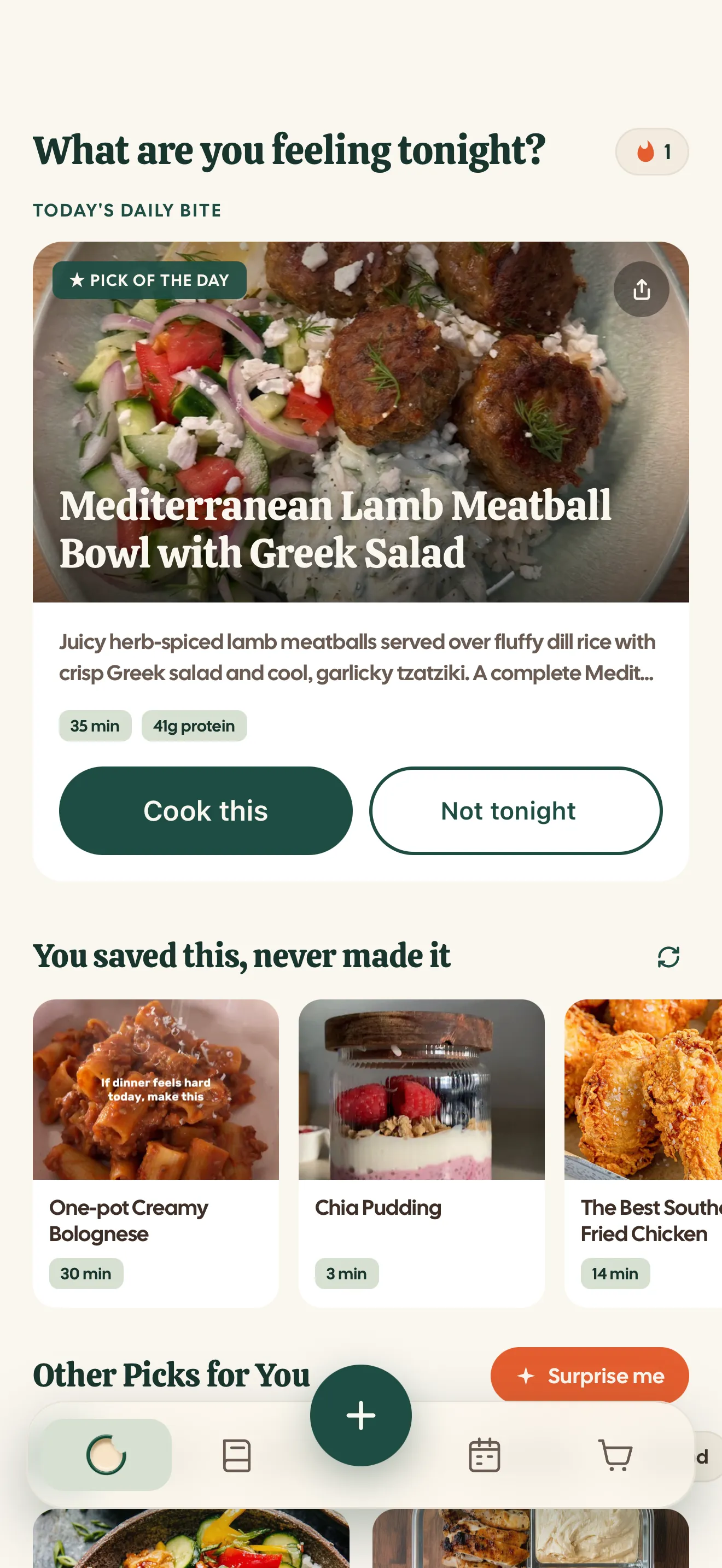 The Daily Bite tab: today's pick of the day, a Mediterranean lamb meatball bowl, with Cook this and Not tonight buttons