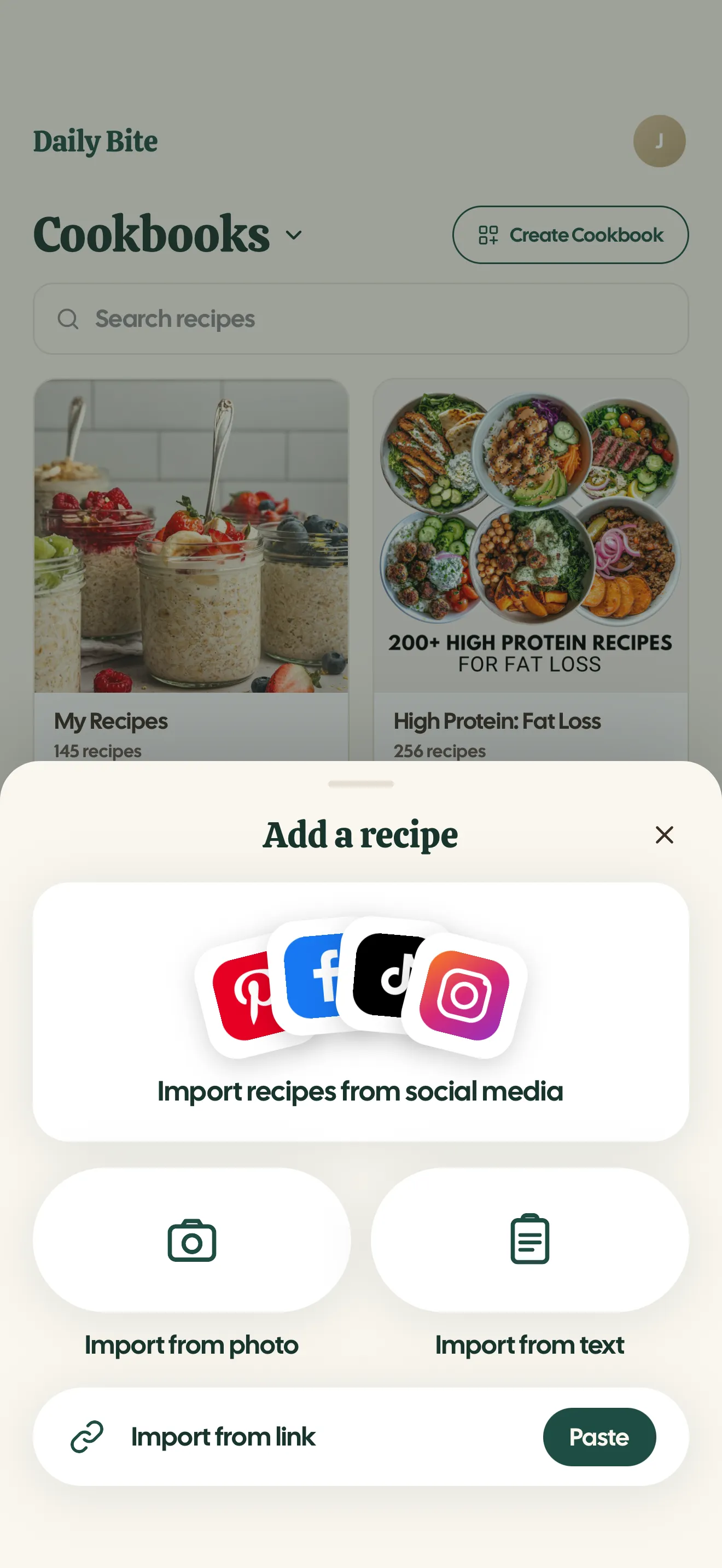 The Add a recipe sheet in Daily Bite: import from social media, from a photo, from text, or from a link with a Paste button