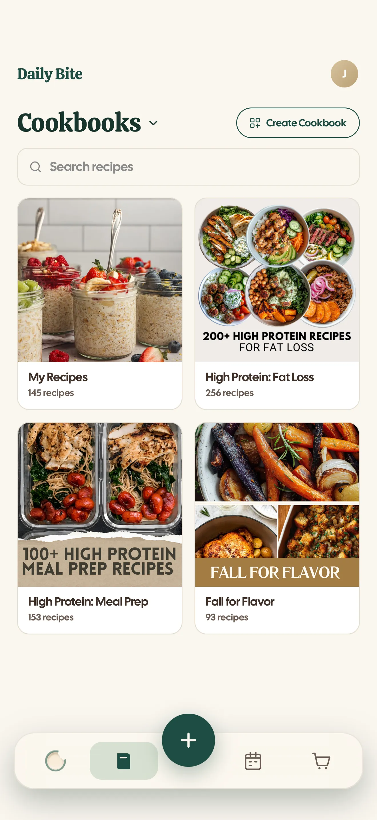 Daily Bite's Cookbooks tab: My Recipes with 145 recipes beside the three chef cookbooks, High Protein: Fat Loss with 256, High Protein: Meal Prep with 153 and Fall for Flavor with 93