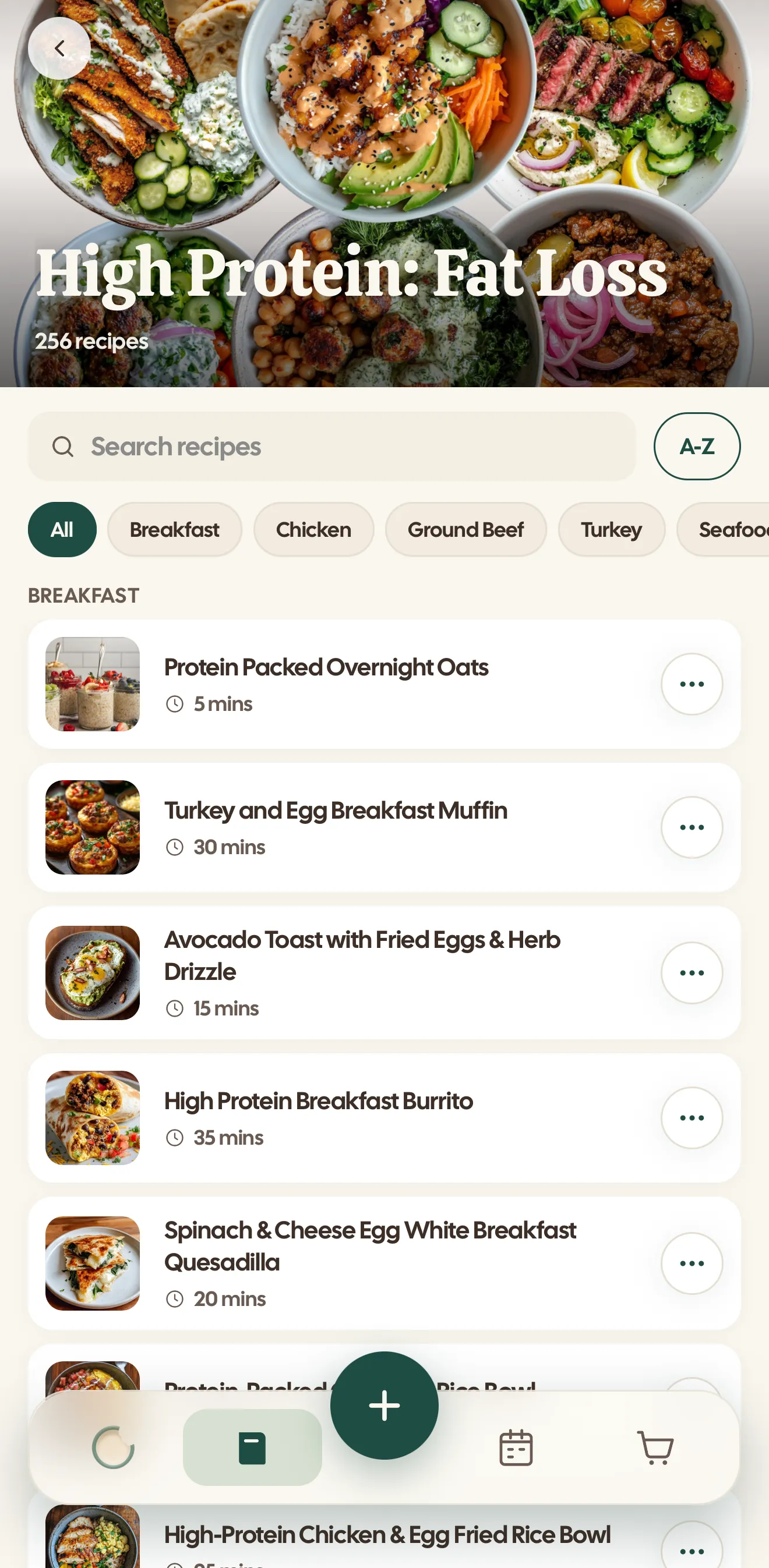 The High Protein: Fat Loss cookbook in Daily Bite, 256 recipes, with breakfast recipes listed