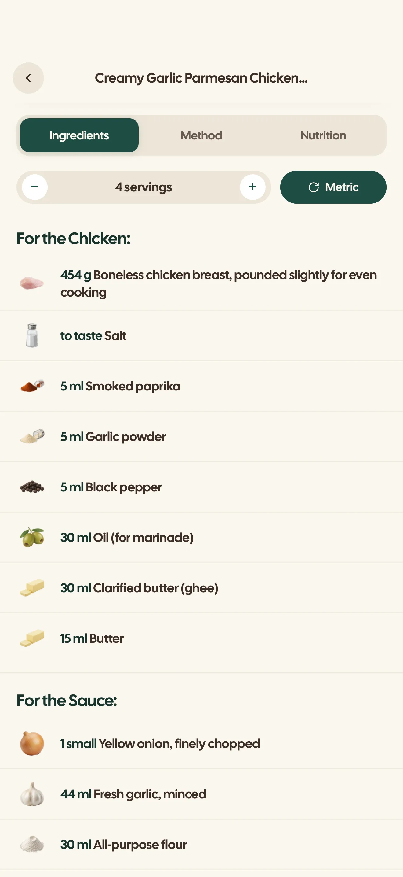 A recipe's ingredients tab set to 4 servings and metric units
