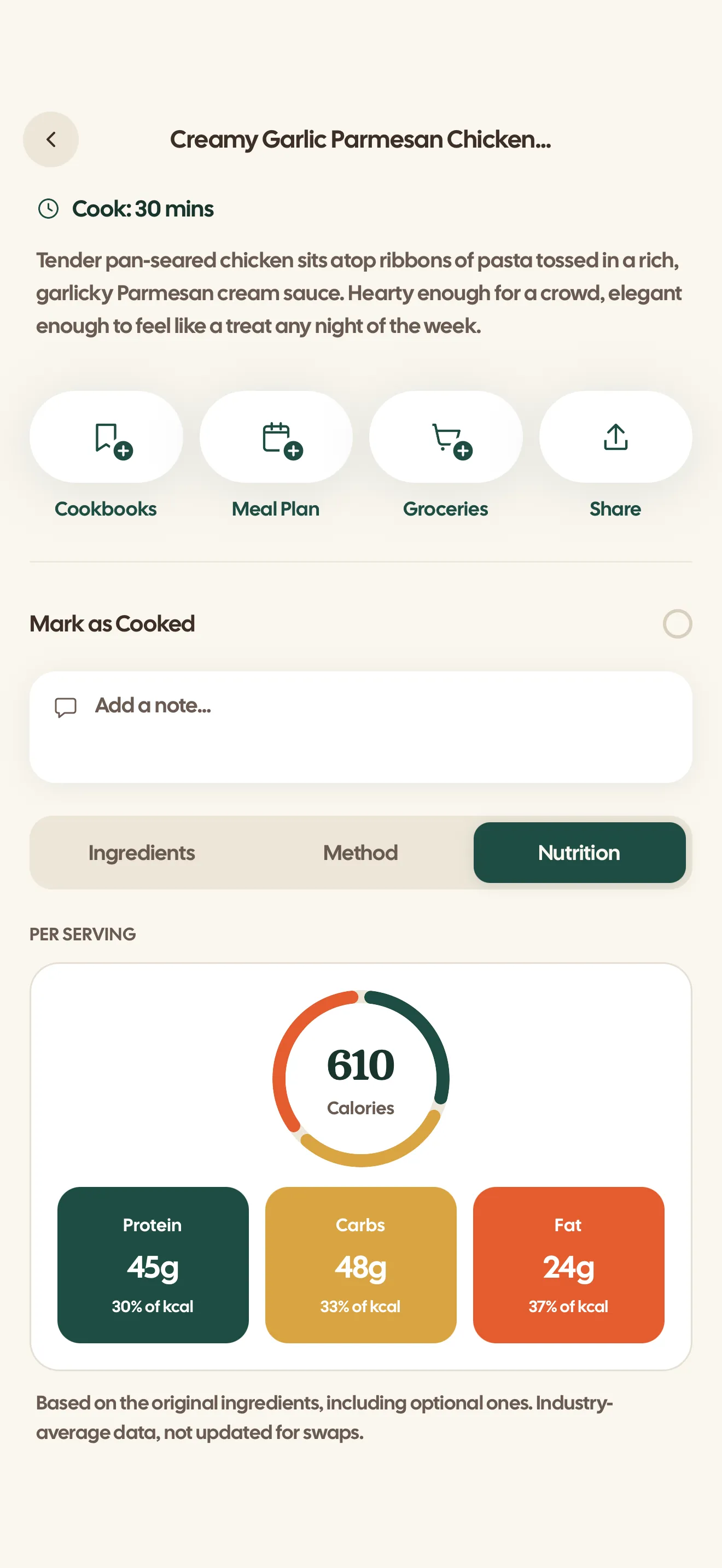 The nutrition tab: a ring showing 610 calories per serving with protein, carbs and fat tiles and an estimate note