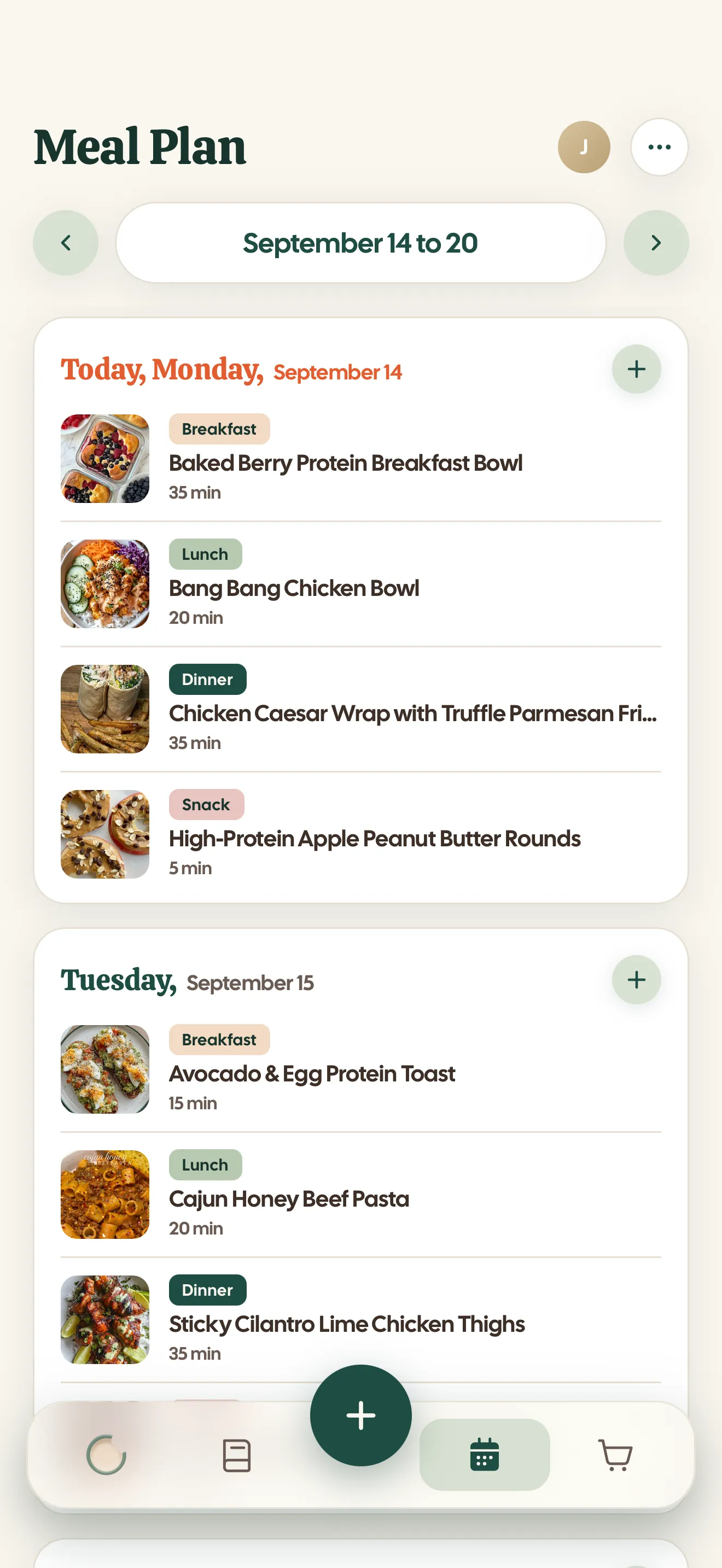 The meal plan for September 14 to 20 with breakfast, lunch, dinner and a snack on Monday