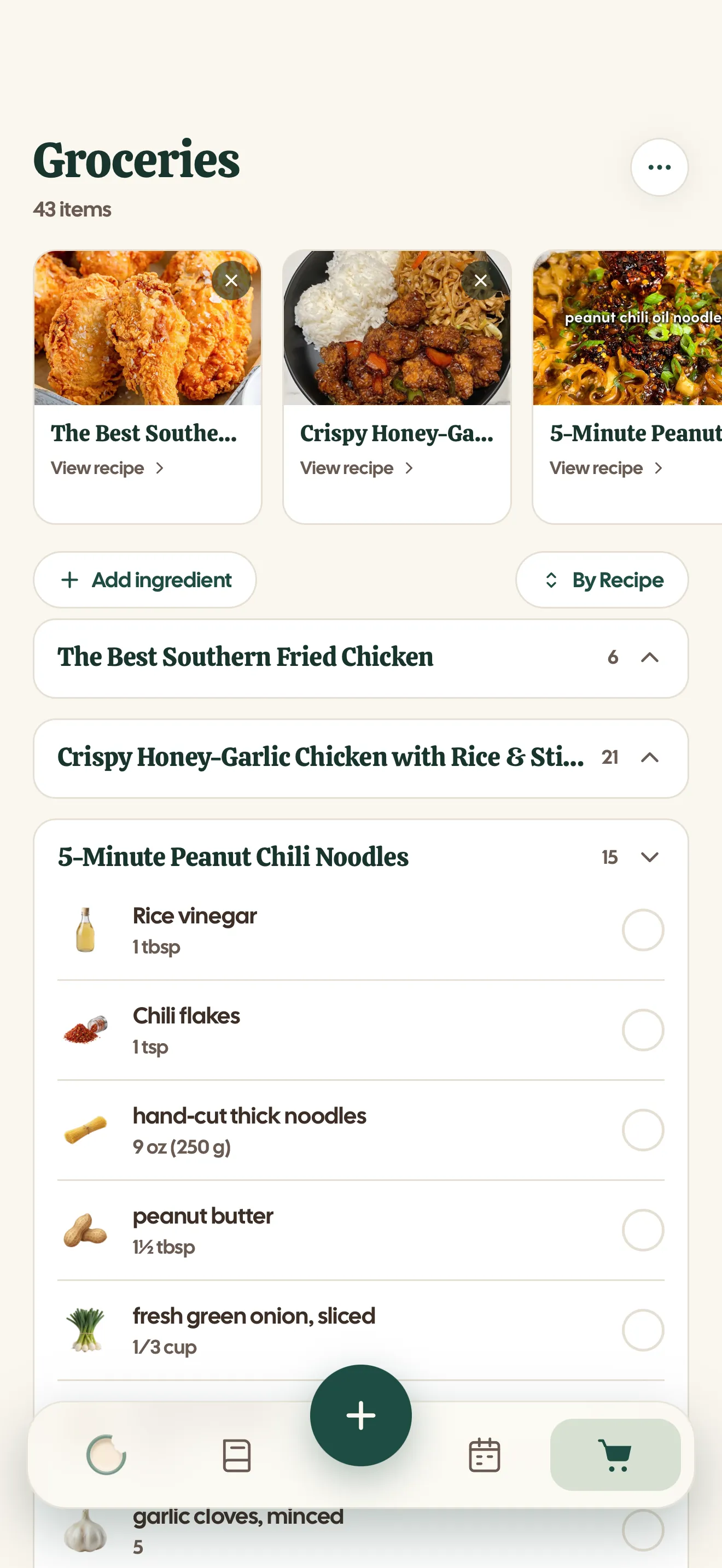 The groceries list, 43 items grouped by recipe, with the 5-Minute Peanut Chili Noodles items expanded