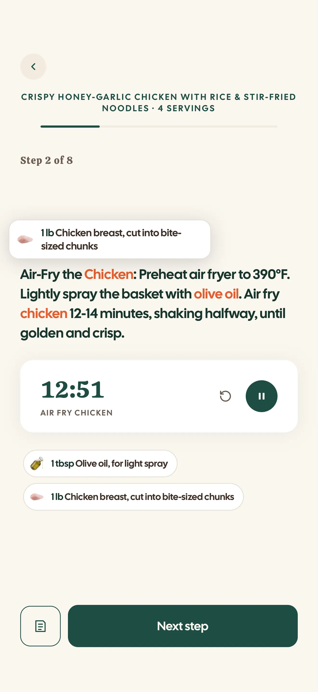 Cook mode on step 2 of 8 with a running 12:51 timer and the chicken ingredient highlighted