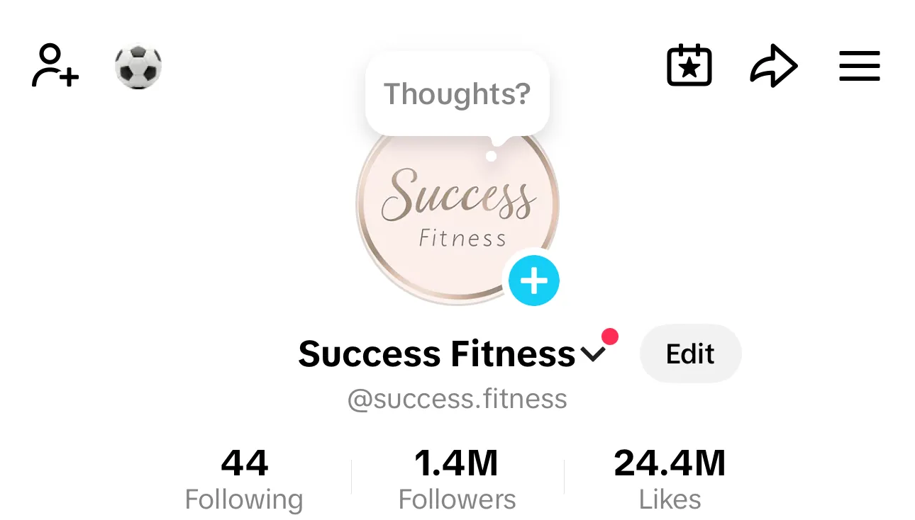 The Success Fitness TikTok profile: 44 following, 1.4M followers, and 24.4M likes